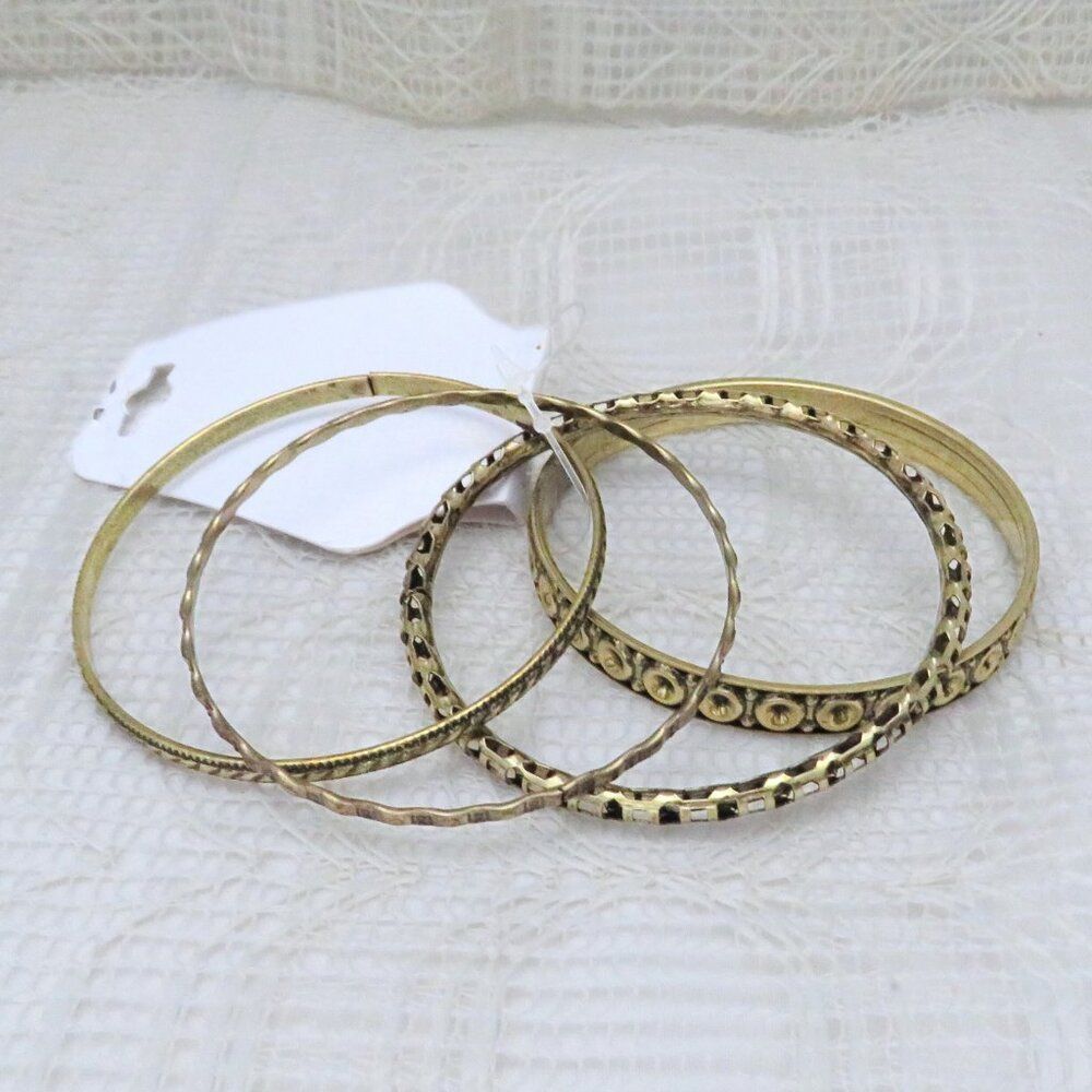 Gold Toned Bangle Bracelets Set of 4 Women, Patterned, Business or Casual